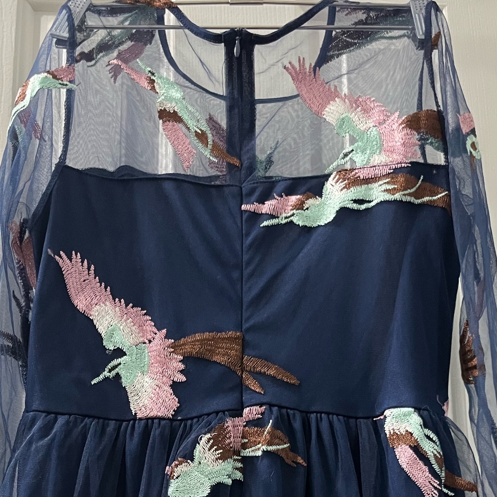 Crane Embroidered Navy Mesh Dress